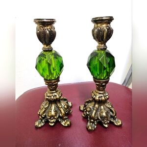 Hollywood Regency Green Lucite Gold Metal 8" Candlestick Holders